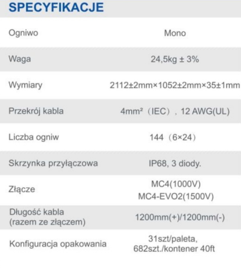 Dane techniczne paneli PV JASOLAR JAM72S20-460/MR: